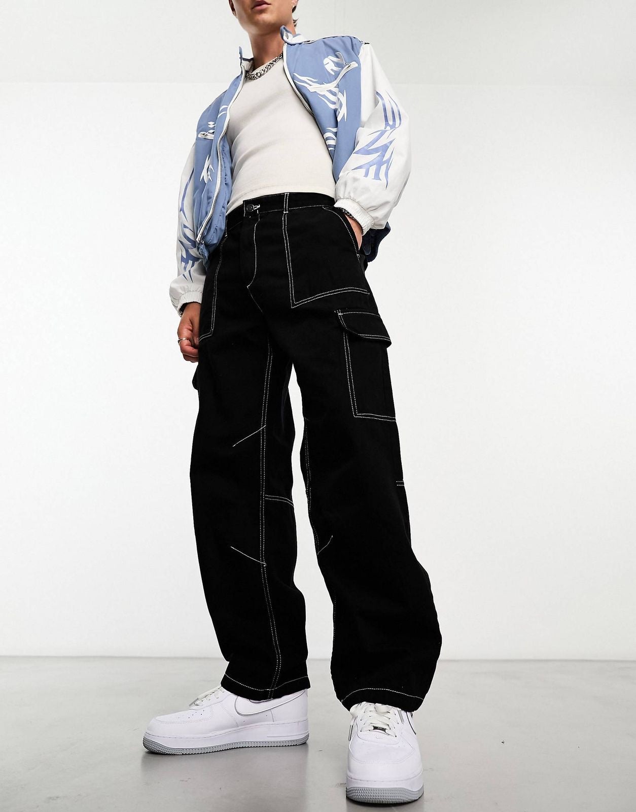 Bershka Contrast Stitch Wide Cargo In Black