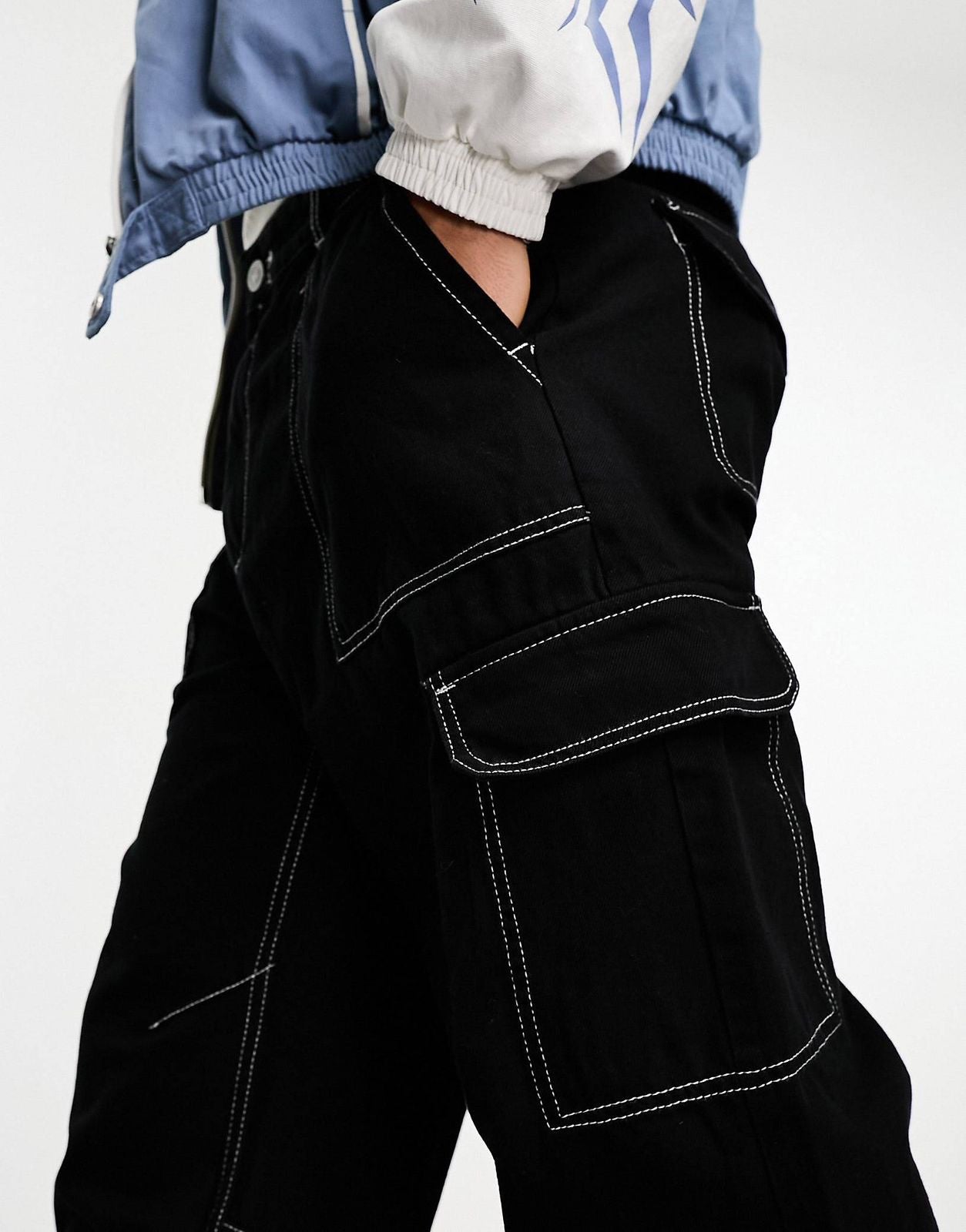 Bershka Contrast Stitch Wide Cargo In Black