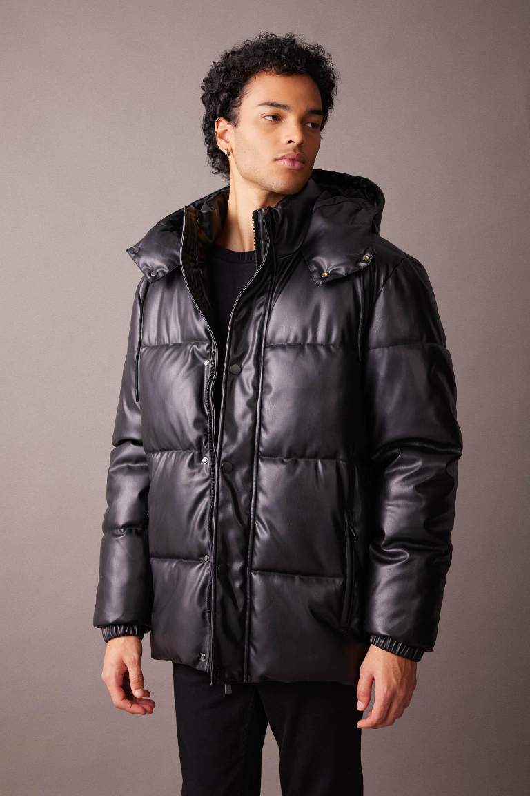 Slim Fit Hooded Faux Leather Puffer Jacket
