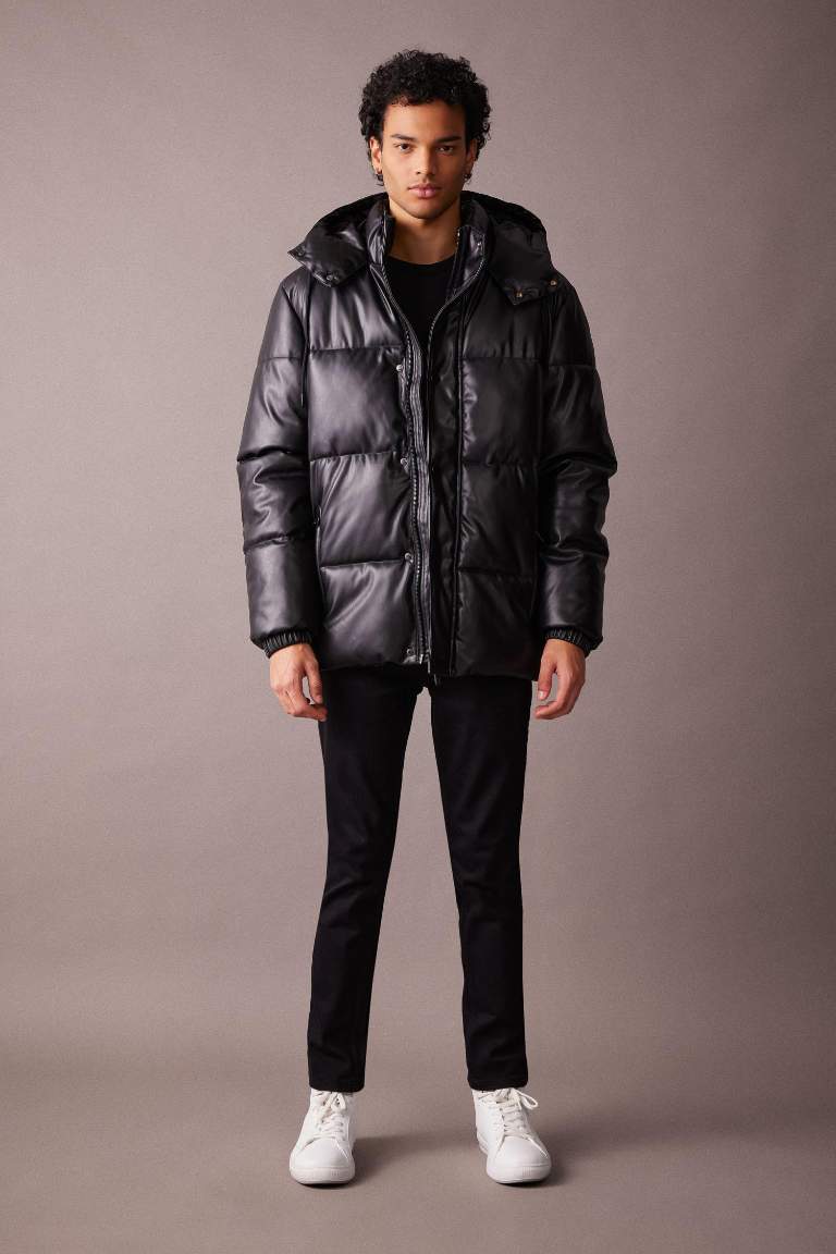 Slim Fit Hooded Faux Leather Puffer Jacket