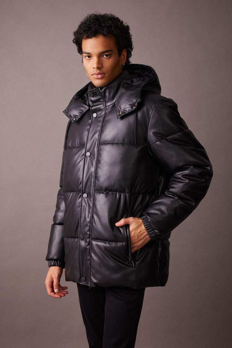 Slim Fit Hooded Faux Leather Puffer Jacket