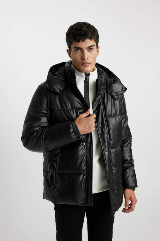 Slim Fit Hooded Faux Leather Puffer Jacket