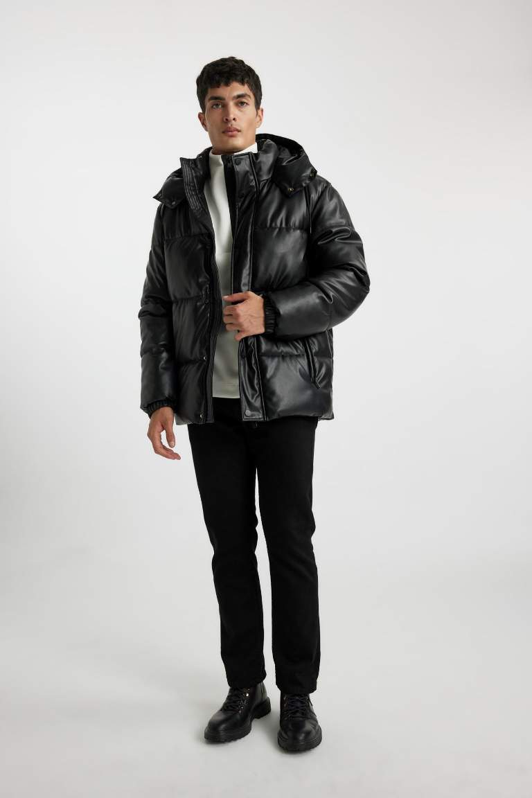 Slim Fit Hooded Faux Leather Puffer Jacket