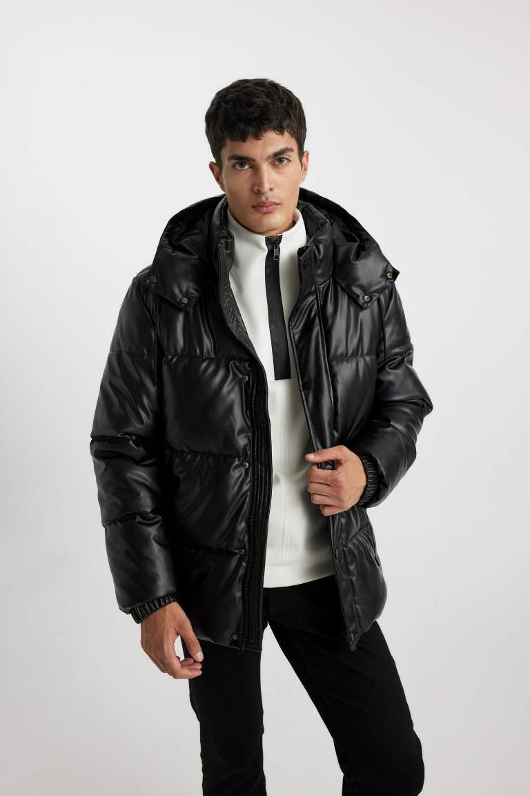 Slim Fit Hooded Faux Leather Puffer Jacket