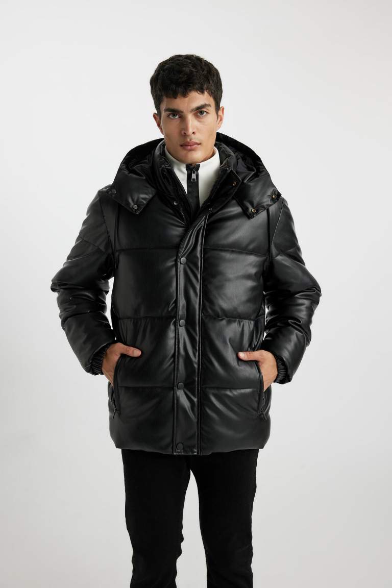 Slim Fit Hooded Faux Leather Puffer Jacket