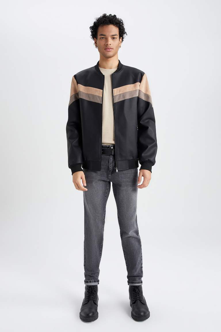 Waterproof Slim Fit Faux Leather Bomber Jacket