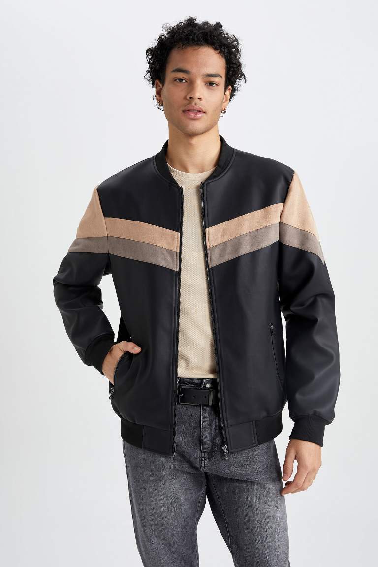 Waterproof Slim Fit Faux Leather Bomber Jacket
