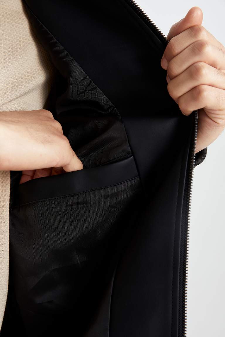 Waterproof Slim Fit Faux Leather Bomber Jacket
