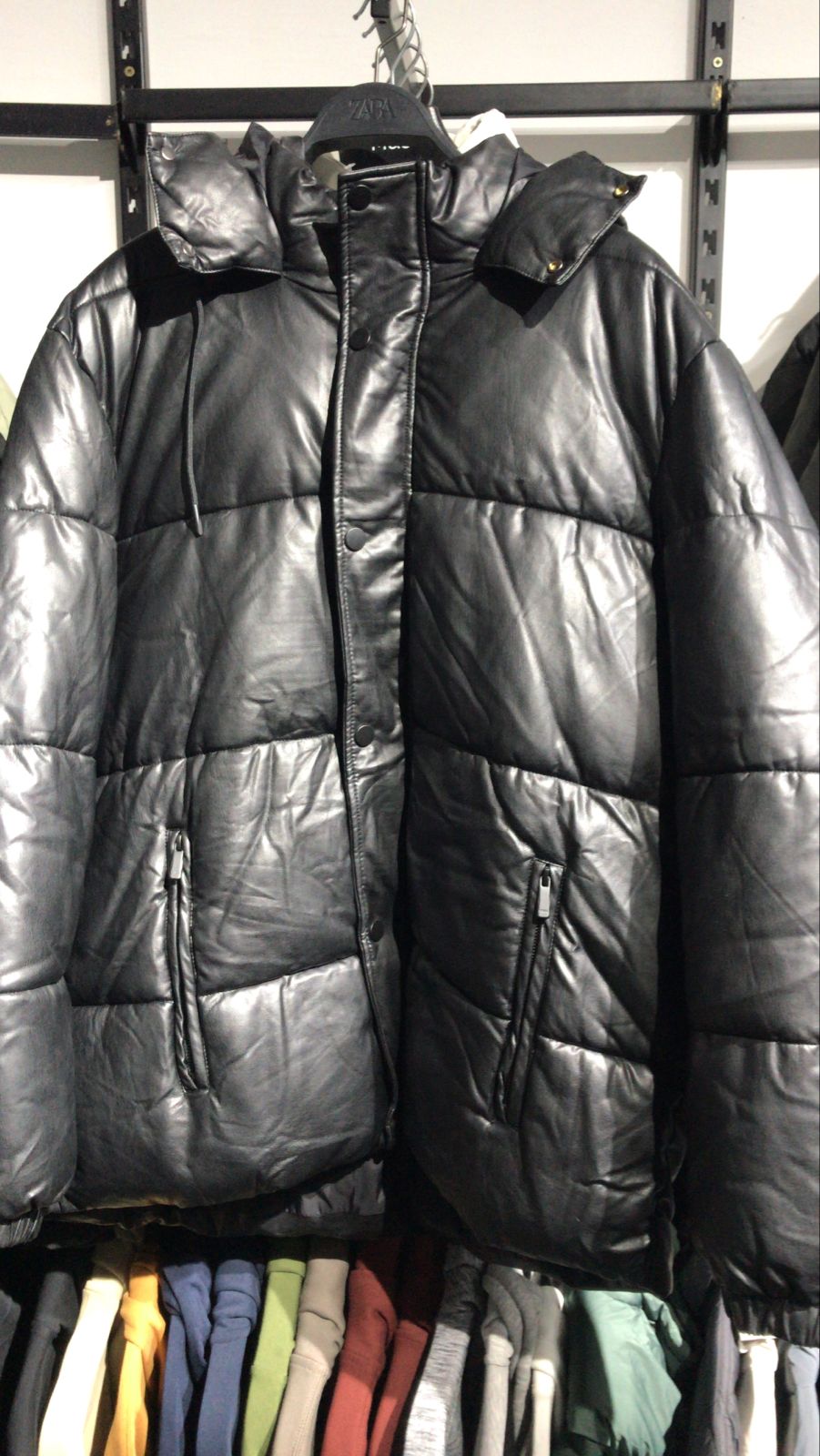 Slim Fit Hooded Faux Leather Puffer Jacket