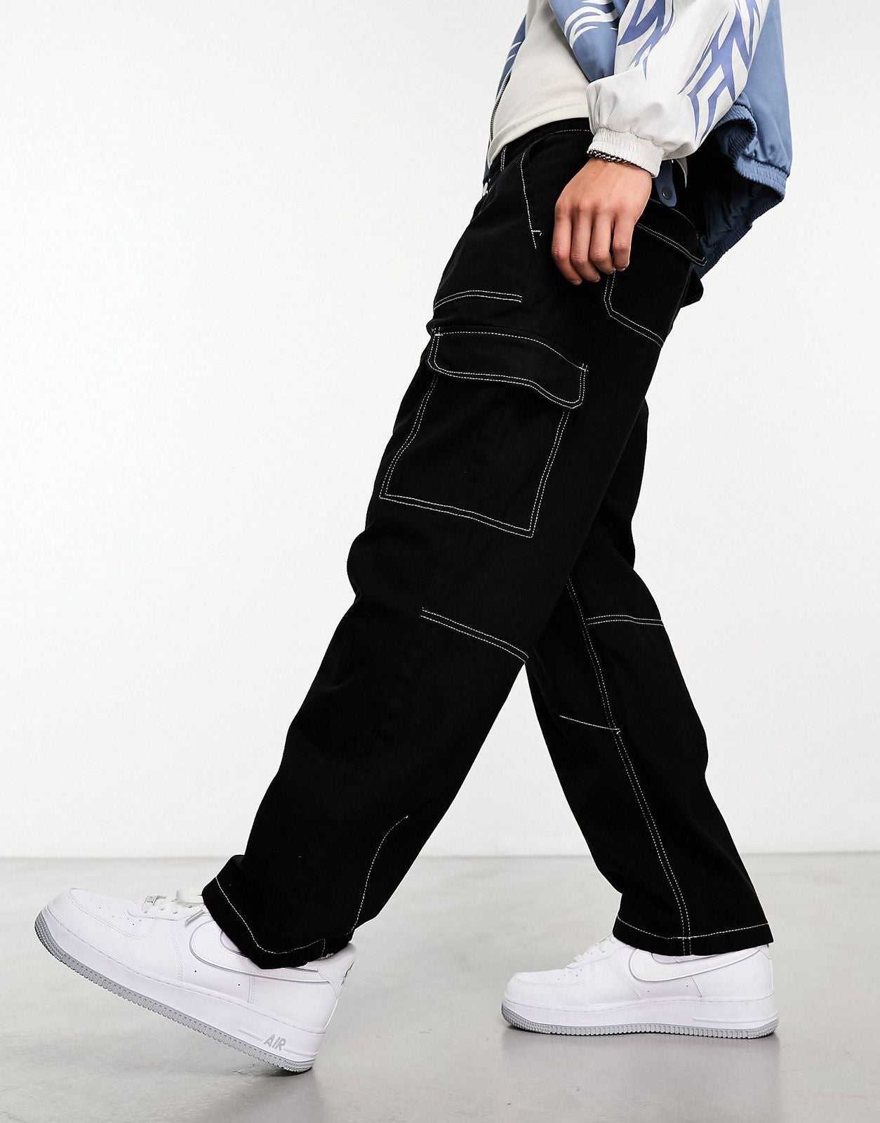 Bershka Contrast Stitch Wide Cargo In Black