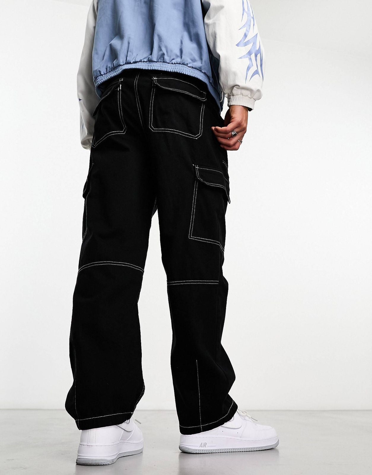 Bershka Contrast Stitch Wide Cargo In Black